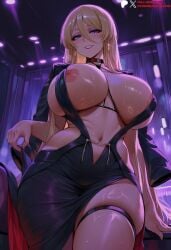 ai_generated areola_slip areolae azur_lane bismarck_(azur_lane) black_choker black_dress blonde_hair blue_eyes blush breasts choker clothing curvy dress duxvector earrings evening_gown female from_below grin hair_between_eyes huge_breasts indoors jacket jacket_on_shoulders jewelry large_breasts long_hair looking_at_viewer navel nipple_slip nipples official_alternate_costume parted_lips patreon_logo patreon_username revealing_clothes skindentation smile solo sweat thick_thighs thigh_strap thighs very_long_hair wide_hips