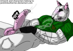 alpha_channel anthro balls biceps bull_terrier canine clothing cum erection fur humanoid_penis jenklin_(character) jenklinbullterrier_(artist) male male_only mammal masturbation muscular muscular_male penis piercing simple_background solo teeth transparent_background