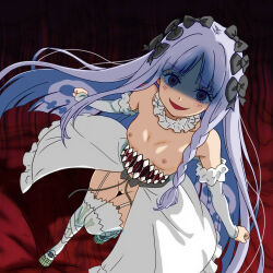 1girl black_bow bow braid braided_sidelock breasts cleft_of_venus collar detached_sleeves fate/strange_fake fate_(series) francesca_prelati_(fate) frilled_collar frills full_body garter_straps grey_hair hair_bow highres kizukamiyaa long_hair long_sidelocks multiple_hair_bows nipples nude open_mouth pussy ringed_eyes showgirl_skirt sidelocks small_breasts smile solo stomach_mouth thighhighs thighs uncensored very_long_hair white_collar white_garter_straps white_sleeves white_thighhighs