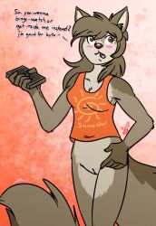 beavertailcove blush canid canine canis clothing controller english_text female genitals hair inviting_to_sex long_hair mammal open_mouth remote_control shirt solo speech_bubble standing tail talking_to_viewer text topwear vulva wolf