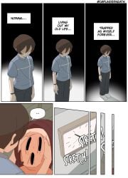 1boys comic ellie_skinsuit ellie_skinsuit_8 empty_eyes english_text female_skinsuit hollow_eyes impunderneath inanimate_transformation original original_character page_50 skinsuit skinsuit_transformation story suit_transformation thinking transformation