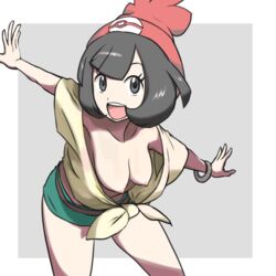 breasts brown_hair bule cap down_blouse female hair hanging_breasts hat headgear human human_only nipples pokemon pokemon_sm selene_(pokemon) smile solo