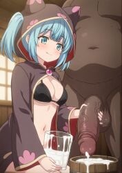 1boy 1girls ai_generated aqua_eyes aqua_hair arune_(muma_no_machi_cornelica) balls balls_full_of_semen big_balls big_penis bra cat_ears_hoodie cum cum_drip cum_flow cum_in_bucket cum_in_container cum_in_glass dark-skinned_male excessive_cum fat_male full_balls glass_of_cum glass_of_milk handjob hentai_series hood hood_up huge_balls huge_cock large_penis licking_lips licking_own_lips long_sleeves long_twintails massive_balls milking milking_handjob milking_penis muma_no_machi_cornelica navel penis penis_milking semen smug smug_face twintails veiny_penis