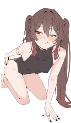 1girls alternate_costume black_nails genshin_impact grabbing_own_ass hand_on_ass hand_on_floor holding_own_ass hu_tao_(genshin_impact) k_(mynameis__k) licking_lips nipple_bulge nipples nipples_visible_through_clothing painted_nails reaching_back red_eyes see-through_clothing sole_female thighs tight_clothing twintails two-tone_hair white_background