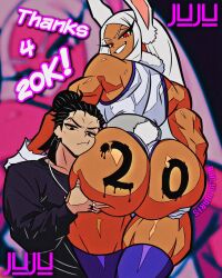 1boy 1girls ass_focus ass_lift badjujuarts big_ass butt_lift dark-skinned_female hand_on_ass hand_on_own_ass huge_ass leotard looking_at_viewer milestone_celebration mirko miruko muscular_female paint paint_on_ass paint_on_body rumi_usagiyama showing_off smiling thick_thighs