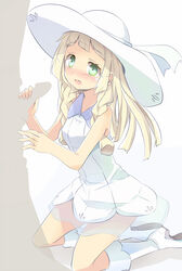 1boy 1girls blonde_hair blush boots braid clothing dress erection female green_eyes hair handjob hat headgear highres human human_only humanoid imminent_fellatio kneeling lillie_(pokemon) long_hair looking_at_viewer male nintendo open_mouth penis pokemon pokemon_sm shadow_man sleeveless sleeveless_dress straight sun_hat sundress testicles tied_hair twin_braids white_dress