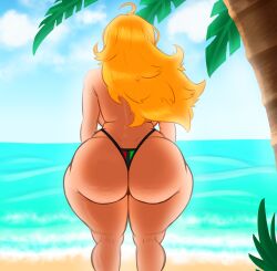 beach beach_background caucasian_female lemonsqueeze long_hair micro_bikini ocean palm_tree pan_african_colors rwby solo_female white_skin yang_xiao_long yellow_hair