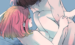 1boy blue_background brown_hair closed_eyes covered_eyes female hidaka_ryou kotobuki_reiji legs_together legs_up nanami_haruka nipples nude open_mouth parted_lips red_hair sex simple_background straight tagme uta_no_prince-sama