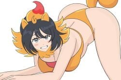 black_hair blush cosplay female_protagonist_(pokemon_ww) game_freak grey_eyes grin nintendo on_all_fours pokemon pokemon_(cosplay) pokemon_trainer pokemon_ww pombon pombon_(cosplay) pomken pomken_(cosplay) solo tagme white_background
