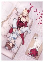 1boy 1girls armwear blonde blonde-haired_female blonde_female blonde_hair blonde_hair_female boobs breasts crossdressing femdom feminine_male flower flower_in_hair hourglass_figure kikiu_bd legwear nipples on_sofa pegging pillow red_armwear red_legwear red_thighhighs sex_toy sofa strap-on thick_thighs thighhighs thighs tits vibrator vibrator_on_penis