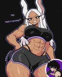 abs badjujuarts big_breasts dark-skinned_female dolphin_shorts gym gym_uniform looking_down mirko miruko muscular_female rabbit_ears rumi_usagiyama self_insert six_pack thick_thighs thong