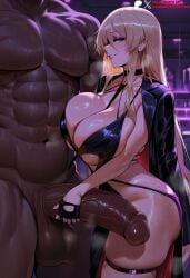 1boy abs ai_generated azur_lane bismarck_(azur_lane) black_choker black_dress black_gloves blonde_hair blue_eyes breast_press breasts choker cleavage clothed_female_nude_male clothing cross_earrings dark-skinned_male dark_skin dress duxvector earrings erection female fingerless_gloves gloves half_gloves head_out_of_frame huge_breasts huge_cock huge_testicles interracial jacket jacket_on_shoulders jewelry large_breasts large_penis large_testicles long_hair looking_at_viewer male muscle muscular muscular_male nude parted_lips patreon_username penis skindentation smile straight sweat testicles thick_thighs thigh_strap thighs veins veiny_penis very_dark_skin