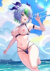 1girls 2023 armpit armpits artist_logo artist_name bare_shoulders barefoot beach big_breasts bikini bikini_bottom blush breasts canniny collar detached_sleeves dutch_angle erect_nipples fangs feet female female_only fishnet_armwear fishnet_clothing fishnet_topwear fishnets froot green_eyes green_hair grey_hair hairclip happy hips horn_piercing horns indie_virtual_youtuber large_breasts leg_up looking_away midriff multicolored_hair nail_polish navel nipples open_mouth outdoors painted_toenails pale-skinned_female pale_skin petite petite_body petite_female purple_toenails scantily_clad sea seaside short_hair sky slim_waist smile solo spiked_collar stomach thick_thighs thighs thong tongue tummy virtual_youtuber vtuber waist wide_hips wings