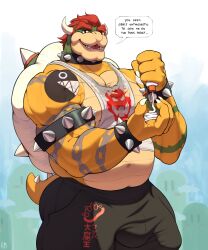 1boy absurdres arm_tattoo armlet bara belly biceps black_shorts bottle bowser bracelet bulge claws collar commentary covered_testicles english_commentary english_text erection erection_under_clothes fangs furry furry_male highres holding holding_bottle horns jewelry looking_at_viewer lotion lotion_bottle male_focus mario_(series) muscular muscular_male navel open_mouth pectoral_cleavage pectorals plump red_hair repzzmonster shorts signature smile speech_bubble spiked_armlet spiked_bracelet spiked_collar spiked_shell spiked_tail spikes tail tank_top tattoo white_tank_top