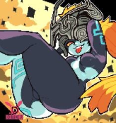 1girls 2d arm_up armor armpit artist_logo artist_name ass big_butt black_body bottom_heavy breasts ditchu featureless_breasts featureless_crotch female female_only grey_body hair headgear helmet hips humanoid imp imp_midna long_hair looking_at_viewer markings markings_on_body midna multicolored_body nintendo no_genitals no_nipples no_vagina one_eye_covered one_eye_obstructed orange_hair pixel_(artwork) pixel_art pointy_ears ponytail shortstack small_breasts smile smug_face solo the_legend_of_zelda thick_thighs thighs tongue tongue_out twilight_princess yellow_sclera
