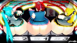 3d 3d_(artwork) 3girls akita_neru ass ass_bigger_than_head ass_bigger_than_torso big_ass blonde_hair blue_hair bottom_heavy bubble_butt dialogue fat_ass fatass_teto female female_only gilmintan hatsune_miku huge_ass hyper hyper_ass kasane_teto large_ass massive_ass png red_hair sitting super_duper_fucking_fatass_teto super_fucking_fatass_teto text thick_ass thick_thighs thunder_thighs utau vocaloid weighing_scale wide_hips
