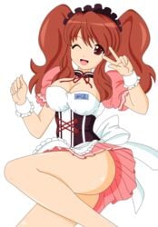 1girls absurdres all_fours asahina_mikuru breasts brown_eyes brown_hair busakumas clothing cosplay dress female highres large_breasts legs long_hair maid miniskirt open_mouth short_dress short_twintails shy suzumiya_haruhi_no_yuuutsu thighs tied_hair twintails vector_trace waitress wink