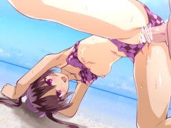 1boy 1girls all_fours ass beach bikini bikini_aside bikini_lift black_hair blue_sky breasts censored checkered checkered_bikini clothing cloud collarbone female from_behind hair hat hatate_himekaidou headgear long_hair navel nipples open_mouth penis purple_bikini purple_eyes pussy sex sky small_breasts smile solo_focus spread_legs straight sushoyushi swimsuit tied_hair tokin_hat touhou twintails vaginal_penetration