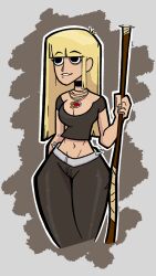belly belly_button big_breasts black_eyes blonde_hair boobs breasts brutal_legend ear eyebrows eyebrows_visible_through_hair female finger_nails fingers holding_object holding_weapon innie_belly_button lita_halford midriff multiple_necklaces necklace smile smirk smirking solo_female spikes thick_thighs thighs weapon