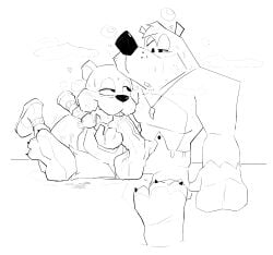 absurd_res anthro ass balls banjo-kazooie banjo_(banjo-kazooie) barefoot bear big_balls big_penis bodily_fluids bottomwear clothed clothing conker conker's_bad_fur_day duo facial_hair feet fellatio footwear genital_fluids genitals heart_symbol hi_res inspectormcpig jewelry licking male male/male mammal monochrome necklace oral penile penis penis_lick precum rareware rodent sciurid sex shoes shorts sitting socks squirrel tongue topless topless_male tree_squirrel unbuttoned_shorts