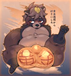 abstract_background absurd_res accessory anthro big_bulge bitfly black_pawpads blush brown_body brown_fur brown_hair bulge butt canid canine clothed clothing detailed_bulge fur golden_clothing golden_thong golden_week hair hair_accessory hair_tie half-closed_eyes hi_res huge_bulge japanese_text leaf leaf_on_head leg_markings looking_aside male mammal markings multicolored_body multicolored_fur narrowed_eyes open_mouth orange_eyes overweight overweight_male pawpads raccoon_dog raised_leg signature socks_(marking) solo tan_body tan_fur tanuki text thick_thighs thong thong_only tied_hair topless underwear underwear_only