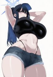 1girls ai_generated armpits ass ass_visible_through_thighs blue_archive blush booty_shorts breasts cap clothed clothed_female female female_only gigantic_breasts halo hips huge_ass huge_breasts light-skinned_female light_skin long_hair looking_at_viewer panties ponytail saori_(blue_archive) short_shorts small_waist stomach thick_thighs thighs truck-kun_art truck_kun tummy white_background wide_hips