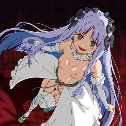 1girl black_bow bow braid braided_sidelock breasts cleft_of_venus collar detached_sleeves fate/strange_fake fate_(series) francesca_prelati_(fate) frilled_collar frills full_body garter_straps grey_hair hair_bow highres kizukamiyaa long_hair long_sidelocks multiple_hair_bows navel nipples nude open_mouth pussy ringed_eyes showgirl_skirt sidelocks small_breasts smile solo thighhighs thighs uncensored very_long_hair white_collar white_garter_straps white_sleeves white_thighhighs