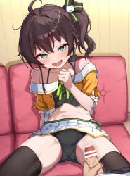 1boy 1girl ahoge bar_censor black_panties breasts brown_hair censored commentary_request hetero highres hololive male_masturbation masturbation natsuiro_matsuri natsuiro_matsuri_(1st_costume) navel non_non_moral paid_reward_available panties penis side_ponytail skirt small_breasts textless_version thighhighs underwear virtual_youtuber white_skirt