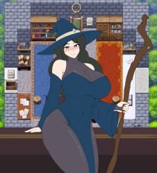 1girls black_hair borkobalganov breast_expansion color colored female female_focus female_only hitama hourglass_figure hourglass_figured_female huge_breasts light_skin someone_else's_oc textless thick_thighs wide_hips witch witch_(witch_tower) witch_hat