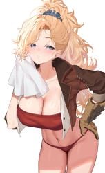 1girls absurdres asymmetrical_bangs asymmetrical_hair bandeau blonde_hair blue_eyes breasts brown_gloves brown_jacket buttons cleavage clip_studio_paint_(medium) commentary cowboy_shot cropped_jacket elbow_gloves expressionless forehead gemma_(monster_hunter_wilds) gloves hair_behind_ear hand_on_own_hip high_ponytail highres holding holding_towel hollow_shine jacket kam-ja lapels large_breasts leaning_forward leather leather_gloves leather_jacket linea_alba long_hair looking_at_viewer messy_hair monster_hunter monster_hunter_(series) monster_hunter_wilds navel notched_lapels open_clothes open_jacket panties parted_lips ponytail red_bandeau red_panties ring_light_reflection shiny_skin sidelighting simple_background solo standing stomach sweat three-quarter_sleeves towel unbuttoned underwear white_background wide_ponytail wiping_face wiping_sweat