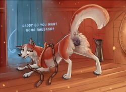 anatomically_correct anatomically_correct_genitalia animal_genitalia animal_vulva anus ass balto_(series) bedroom_eyes canid canine canine_genitalia canine_vulva dialogue female feral food genitals hi_res jenna_(balto) kerchief looking_at_viewer looking_back mammal meat movie_reference narrowed_eyes presenting presenting_anus presenting_hindquarters presenting_vulva queenkoko raised_tail sausage seductive smile smiling_at_viewer solo tail throbbing throbbing_vulva universal_studios vulva
