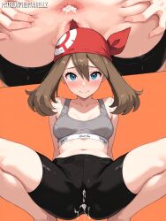 ai_assisted ai_generated bandana bike_shorts black_shorts blue_eyes brown_hair cum_in_anal embarrassed female grey_bra hair_between_eyes long_hair may_(pokemon) medium_breast multiple_views nsfw pokemon pussy_view red_bandana smile solo sports_bra spread_ass squatting twintails young_adult