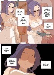 1girls boob_window cleavage comic disguise ellie_skinsuit ellie_skinsuit_8 english_text female impersonation imposter impunderneath long_hair no_eyes original original_character page_42 ponytail possessed possession purple_hair shadow_on_face skinsuit_gun story thinking