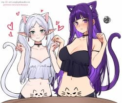 2girls :3 animal_ears bare_shoulders black_shorts black_tank_top blush body_writing breasts cat_ears cat_tail cleavage commentary do_you_want_to_pet_my_cat_(meme) earrings english_commentary fern_(sousou_no_frieren) frieren green_eyes highres honey_strap_lame_costume jewelry kemonomimi_mode large_breasts long_hair looking_at_viewer meme midriff multiple_girls navel paw_pose pointy_ears purple_eyes purple_hair pussy qiandaiyiyu shorts simple_background small_breasts sousou_no_frieren squiggle tail tank_top twintails very_long_hair white_background white_hair white_tank_top