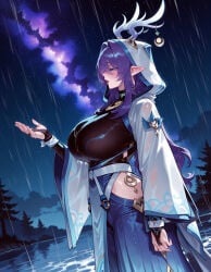 1girl clothing female pointy_ears solo breasts antlers horns night long_hair rain wet hood purple_hair night_sky outdoors sky bridal_gauntlets hip_vent huge_breasts open_mouth water wet_clothes long_sleeves large_breasts blush blue_hair from_side blue_eyes hood_up wide_sleeves star_(sky) cloud tree jewelry standing 1girls ai_generated voluptuous_female voluptuous curvaceous curvaceous_figure curvaceous_female curvy curvy_figure female_focus balecxi lauma_(genshin_impact) genshin_impact hoyoverse mihoyo