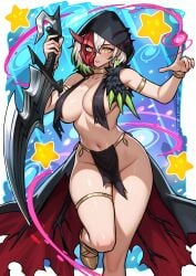 blush breasts collar dagger dancer dancer_outfit diabellstar_the_black_witch duel_monster earrings female female_only gothic green_hair hi_res hoodie huntress jewelry konami loincloth looking_at_viewer magic mask multicolored_hair navel one_leg_raised pose redjet semi_nude short_hair sideboob solo standing sword thighhighs thighs torn_clothes torn_clothing torn_dress torn_hoodie weapon white_hair yellow_eyes younger_female yu-gi-oh!