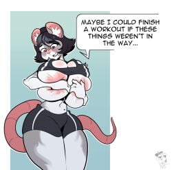 big_breasts breasts empskit english_text holding_breast huge_breasts inconvenient_breasts mammal mouse murid murine rodent sportswear text thick_thighs wide_hips