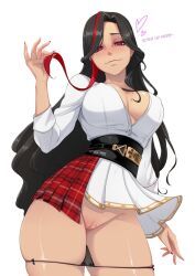 black_hair blush breasts cleavage dark-skinned_female dark_skin female highres large_breasts long_hair looking_at_viewer mole mole_on_breast mole_on_crotch mole_on_pussy mole_under_eye multicolored_hair myth1c myth1carts nijisanji nijisanji_en panties panty_pull pussy red_eyes red_hair red_nails scarle_yonaguni scarle_yonaguni_(1st_costume) smile solo streaked_hair uncensored underwear virtual_youtuber