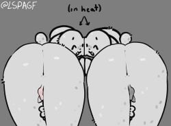 animal_humanoid anthro anus backsack balls butt darkened_balls darkened_genitalia darkened_penis duo fur genitals hand_holding hi_res humanoid in_heat lagomorph lagomorph_humanoid lspagf male male/male mammal mammal_humanoid penis presenting presenting_hindquarters scut_tail short_tail tail white_body white_fur