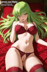 2025 2026 absurd_res absurdres ai_generated alphai blush blush_lines bra breasts c.c. cinematic_lighting city_lights cityscape code_geass colorful_background depth_of_field detailed_background detailed_hair detailed_skin ditc.c. dramatic_shadows female gemini genitals green_hair high_quality high_resolution highres long_hair looking_at_viewer naughty_face navel night night_sky on_bed particles petals pussy raised_eyebrows red_panties semirealistic skindentation sky solo thighhighs tongue underwear valentine's_day volumetric_lighting window yellow_eyes