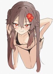1girls bikini black_bikini blush flower flower_in_hair genshin_impact hand_on_hip hu_tao_(genshin_impact) k_(mynameis__k) looking_at_viewer pulling_bikini_string pulling_clothing pulling_panties red_eyes sweat sweatdrop twintails white_background