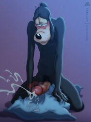 anthro balls bite biting_lip black_nose blush blush_lines bodily_fluids canid canine canis cum cumshot disney domestic_dog ejaculation erection fur genital_fluids genitals goof_troop goofy_(disney) grinding hair hi_res humanoid_genitalia humanoid_penis male mammal masturbation nude orgasm penis pillow pillow_humping prismanoodle pubes simple_background solo