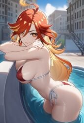 1girls ai_generated big_ass big_breasts big_butt big_nipples big_thighs bikini day female female_focus genshin_impact hoyoverse long_hair looking_at_viewer lunealter mature mature_female mavuika_(genshin_impact) mihoyo pale-skinned_female pale_skin partially_clothed pool red_bikini red_eyes red_hair red_lipstick sfw thick_ass thick_butt thick_hips thick_legs thick_thighs