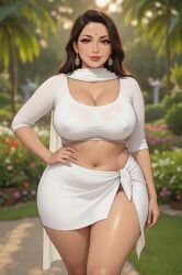 1girls ai_assisted ai_generated belly_button bindi black_hair blurry_background caramel-skinned_female cleavage clothing_around_neck drapery_(clothing) earrings female garden grok hair_over_shoulder hand_on_hip hourglass_figure indian indian_clothes indian_female large_breasts lipstick long_hair loose_hair midriff milf nipple_outline one_hand_on_hip palm_tree red_eyes rgomez007 sarong seductive_look self_upload shawl smiling_at_viewer solo_female stable_diffusion standing thick_eyelashes thick_lips thick_thighs traditional_clothes voluptuous warm_lighting white_clothing wide_hips