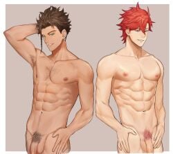 2boys abs arm_up armpit_hair armpits braid brown_eyes brown_hair claude_von_riegan completely_nude dark-skinned_male dark_skin fire_emblem fire_emblem:_three_houses green_eyes male male_focus male_only multiple_boys muscular muscular_male nintendo nipples nude penis pubic_hair red_hair short_hair smile sylvain_jose_gautier teeth testicles zhineart