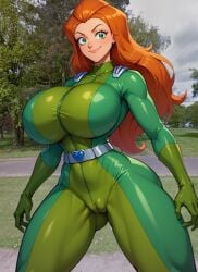 1girls ai_generated alternate_breast_size green_eyes green_suit orange_hair paulinebabe sam_(totally_spies) totally_spies