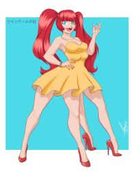 4_breasts 4_legs accessworld bare_arms bare_legs blue_eyes high_heels light_skinned_female multi_breast multi_leg multi_limb open_mouth painted_nails ponytail red_hair skirt