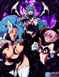 2024 3girls capcom clothed corruption crossover darkstalkers demon_wings felicia_(darkstalkers) green_hair kwaiiarts large_breasts lilith_aensland marvel marvel_comics marvel_vs._capcom morrigan_aensland multiple_girls small_breasts spider-man_(series) succubus symbiote tentacle venom venom_(marvel)