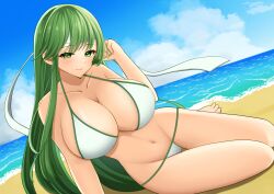 1girls alternate_costume arm_support bare_arms bare_legs bare_midriff bare_shoulders barefoot beach bikini breasts cleavage collarbone female female_only fire_emblem fire_emblem:_mystery_of_the_emblem fire_emblem:_shadow_dragon_and_the_blade_of_light green_eyes green_hair headband large_breasts legs long_hair looking_at_viewer midriff mizumura_(midu_mura) navel nintendo ocean on_side outdoors palla_(fire_emblem) partially_visible_vulva pose shoulders sideboob smile solo swimsuit very_long_hair water white_bikini white_swimsuit