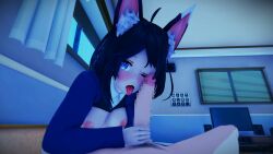 1boy 1boy1girl 1girls anonymous_character bedroom black_hair blue_eyes blush eeiris fox_ears kitsune koikatsu kristyrex looking_at_viewer medium_breasts mosaic_censoring neobaka night partially_clothed penis_on_face pov pov_male short_hair straight sweating tagme tongue_out virtual_youtuber vtuber